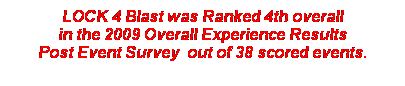 Text Box: LOCK 4 Blast was Ranked 4th overall 
in the 2009 Overall Experience Results 
Post Event Survey&nbsp; out of 38 scored events. 
&nbsp;
&nbsp;
&nbsp;
&nbsp;
